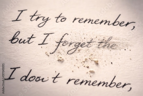 Handwritten Text about memory loss and forgetting on paper with eraser dust