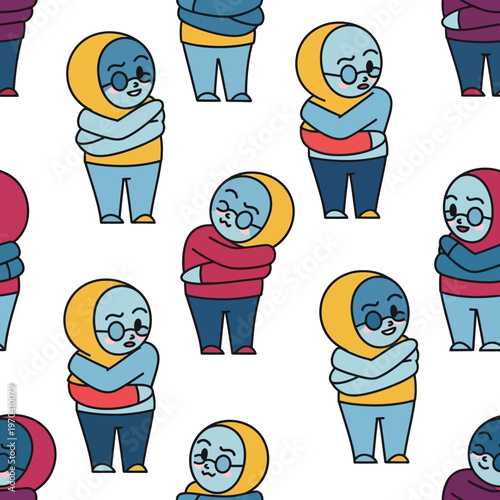 Cartoon Muslim women in hijab with arms crossed.