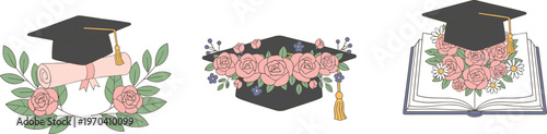 Colorful vector illustration of graduation caps with floral motifs symbolizing achievement, celebration, and education