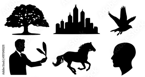 A set of six black silhouette icons including a tree, cityscape, bird, businessman, horse, and human head on a white background