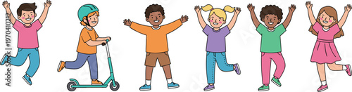 Vector illustration of cartoon children jumping, smiling, and riding a scooter in colorful clothing for outdoor fun
