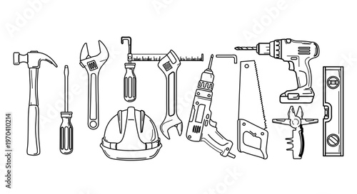 A set of various tools and equipment for construction and repair work