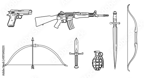 A collection of various weapons in a minimalist line art style