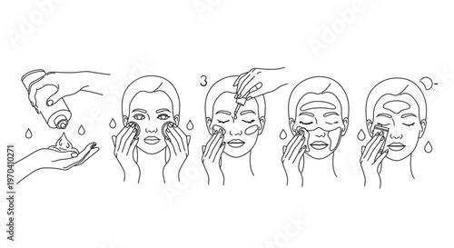 A minimalist vector illustration of a woman's skincare routine with five steps