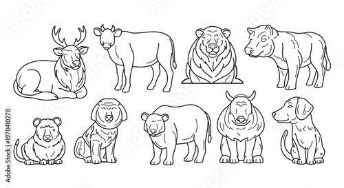 A minimalist vector illustration of various wild and domestic animals in a simple line art style