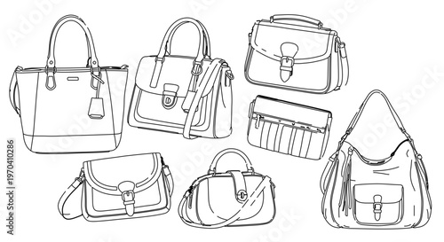 A minimalist line art illustration of various handbags and purses in a simple, elegant design style.