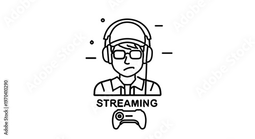 A minimalist vector graphic illustration of a gamer streaming with a controller and headset