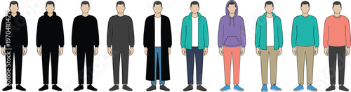 Vector illustration of diverse character clothing styles featuring black outfits, coats, hoodies, and colorful casual fashion variations