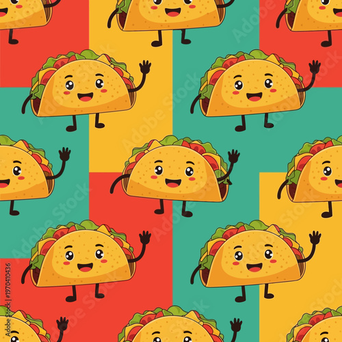 Cute Cartoon Taco Character Waving Hello Seamless Pattern.