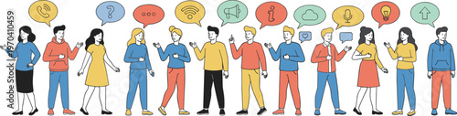 Vector illustration of diverse people with colorful speech bubbles and icons representing communication, networking, and social interaction
