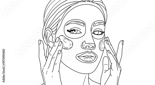 A minimalist line art illustration of a woman applying skincare products to her face