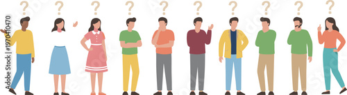 Vector illustration of diverse people with question marks above heads representing curiosity, confusion, and decision‑making concepts