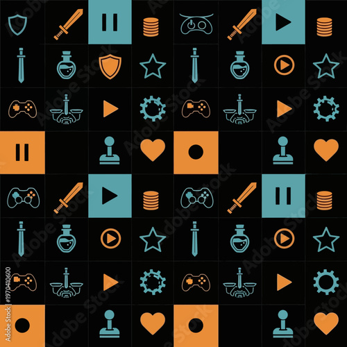Collection of Video Game Icons and Symbols Seamless Pattern.