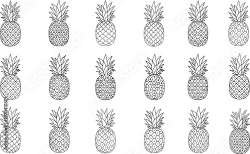 Vector illustration of repeating pineapple icons with black and white line art variations in textured fruit pattern
