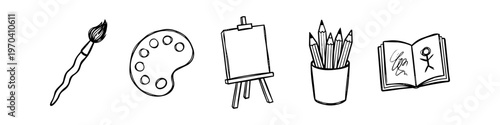 Hand-drawn black line art icons of art supplies: paintbrush, palette, easel, pencils, and sketchbook. Minimalist doodle set representing creativity, education, and fine arts on white background.