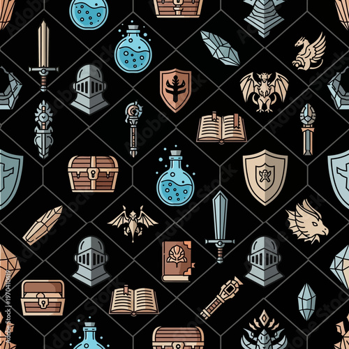Fantasy Game Items Seamless Pattern Vector Illustration.