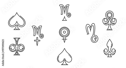 A set of nine astrology and playing card symbols in a minimalist line art style