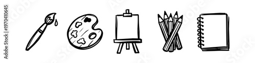 A set of hand-drawn art supply icons including a paintbrush, palette, easel, pencils, and sketchbook. Minimalist black and white doodle style for creative projects and educational materials.