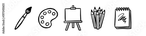 A collection of hand-drawn art supply icons in a black ink doodle style, including a paintbrush, palette, easel, pencils, and sketchbook. Perfect for creative and educational projects.