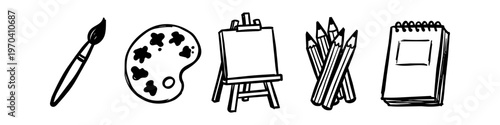 Collection of hand-drawn art supply icons including a paintbrush, palette, easel, pencils, and sketchbook. Minimalist black line art on white background for creative design projects.