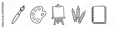 Hand-drawn black and white line art banner of essential art supplies: paintbrush, palette, easel, pencils, and sketchbook. Minimalist doodle style perfect for creative educational projects.