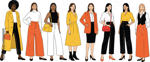 Vector illustration of stylish modern women in coordinated yellow, orange, black, and white outfits with coats, skirts, and dresses