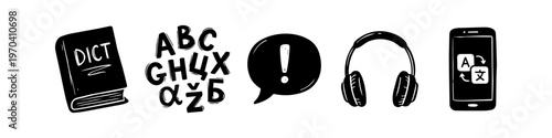 Hand-drawn language learning icons featuring a dictionary, letters, speech bubble, headphones, and a smartphone translation app. Ideal for education, linguistics, and communication projects.