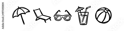 Collection of hand-drawn summer and beach icons including an umbrella, deck chair, sunglasses, tropical cocktail, and beach ball. Minimalist black line art on white background.