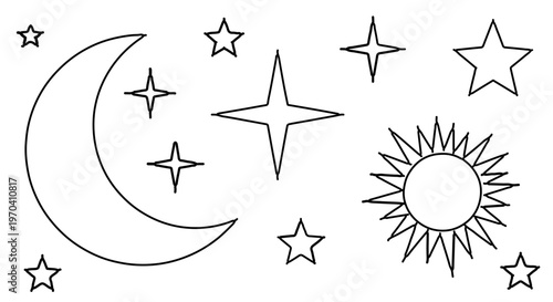 A minimalist vector graphic illustration of celestial bodies including a crescent moon, sun, and stars.