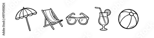 Hand-drawn vector icons set of beach summer elements: umbrella, deck chair, sunglasses, cocktail, and beach ball. Minimalist black line art on white background for vacation designs.