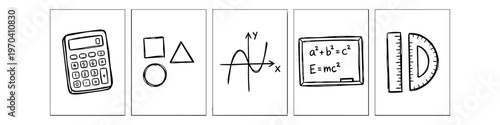 Minimalist hand-drawn math and science icons including a calculator, shapes, graph, chalkboard formulas, ruler, and protractor. Ideal for education, school, and STEM learning concepts.