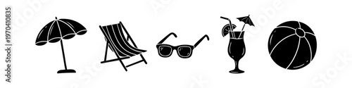Black minimalist silhouette icons of summer beach holiday elements including umbrella, lounger, sunglasses, tropical cocktail and beach ball. Vector set for travel and vacation designs.