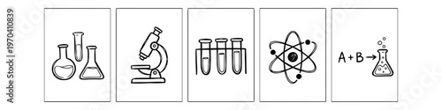 Set of hand-drawn science doodles featuring lab equipment, microscope, test tubes, atom symbol, and chemical reaction. Minimalist black and white sketch style for education and research.
