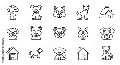 A set of minimalist dog icons and illustrations in a simple line art style