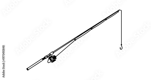 A minimalist vector illustration of a fishing rod with a hook and reel on a plain white background
