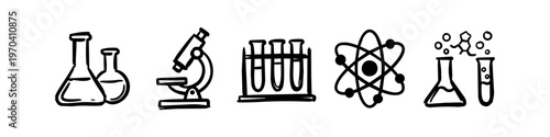 Set of hand-drawn science and chemistry icons featuring laboratory flasks, a microscope, test tubes, an atom, and chemical formulas. Minimalist black ink doodle style on a white background.