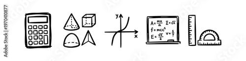 Hand-drawn math doodle icons set featuring a calculator, geometric shapes, coordinate graph, chalkboard formulas, ruler, and protractor. Isolated on a white background for educational design.