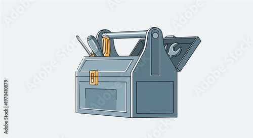 A vector graphic illustration of a blue toolbox with a handle and open lid