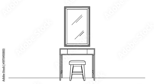A minimalist line art illustration of a vanity with a mirror and stool