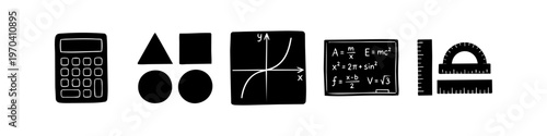 Set of black hand-drawn mathematics icons including a calculator, geometric shapes, graph, chalkboard with formulas, and rulers. Minimalist doodle style for educational and scientific designs.