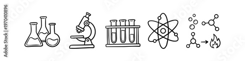 Hand-drawn science and chemistry icon set featuring flasks, a microscope, test tubes, atom, and molecular symbols in a minimalist black ink doodle style on a white background.