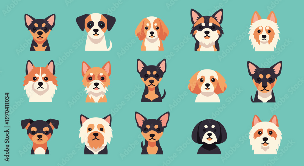 Obraz premium Cute Cartoon Dog Faces Illustration Pattern on a Teal Background