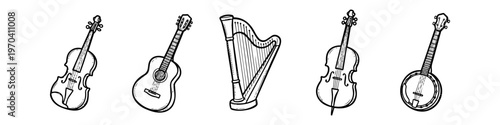 A collection of hand-drawn string instruments including violin, guitar, harp, cello, and banjo. Vintage sketch style line art on a white background.