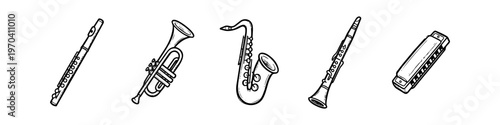 A set of hand-drawn wind instrument icons including saxophone, trumpet, flute, clarinet, and harmonica. Minimalist black line art on white background for music-themed graphic design projects.