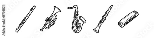 Set of minimalist black and white line art illustrations of musical instruments including flute, trumpet, saxophone, clarinet, and harmonica on a white background.