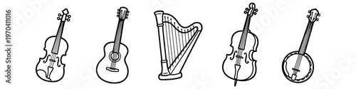 Set of hand-drawn vector icons of stringed musical instruments including violin, guitar, harp, cello, and banjo in a minimalist black line art style on a white background.