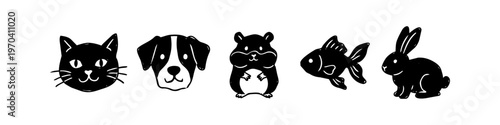 A minimalist black and white illustration set of common pet silhouettes featuring a cat, dog, hamster, fish, and rabbit. Ideal for veterinary clinics, pet shops, and animal welfare branding.