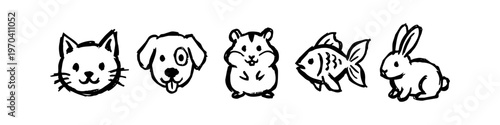 Hand-drawn doodle set of common household pets including a cat, dog, hamster, fish, and rabbit. Cute minimalist black ink illustrations of domestic animals isolated on a white background.