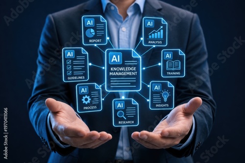 AI knowledge management system organizing reports analysis training research and insights in centralized digital workflow