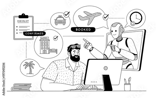 AI Travel Assistant Illustration - Automated Trip Planning, An AI agent automatically arranges your trip. The AI ​​handles everything from booking your destination, hotel to renting a car.